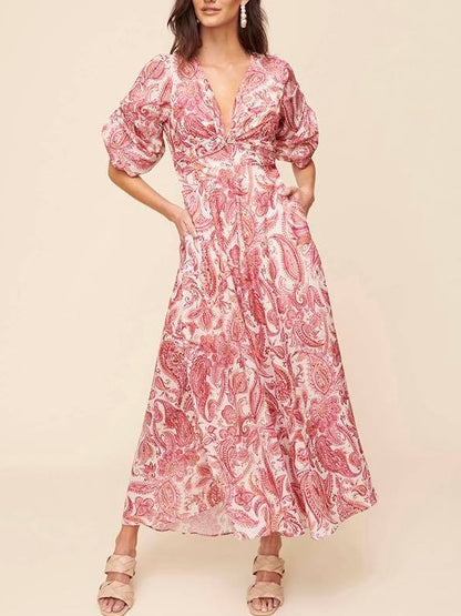 Pink Paisley Twist Front Maxi Dress W/ Pockets