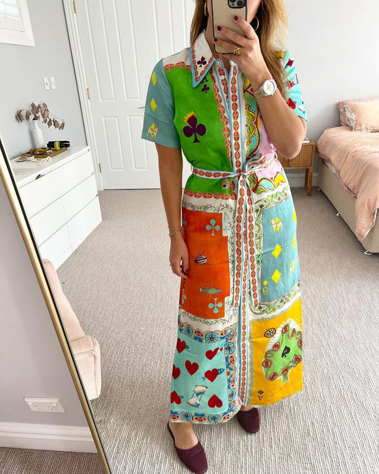 Printed Short Sleeve Patchwork Shirtdress