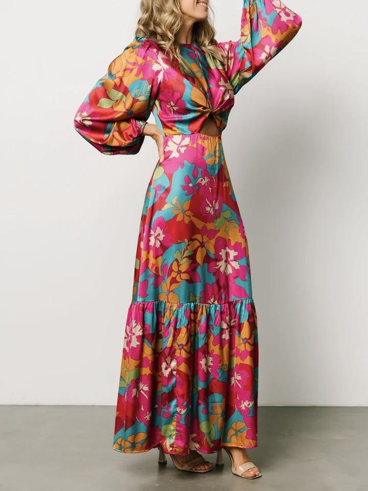 Floral Print Long Sleeve Cut Out Maxi Dress