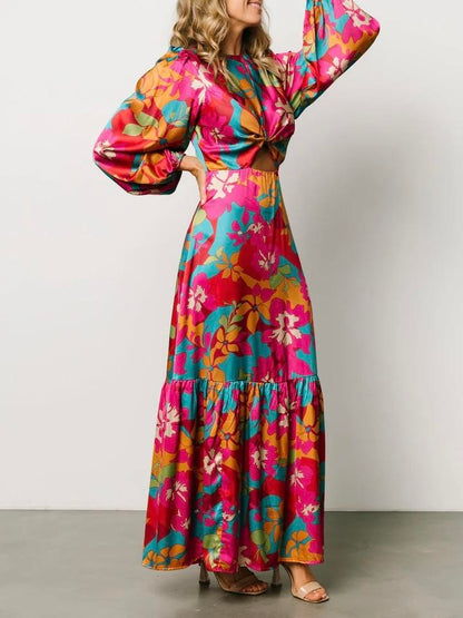 Floral Print Long Sleeve Cut Out Maxi Dress