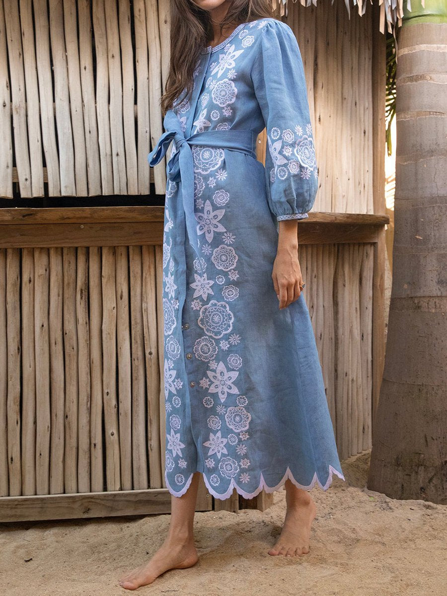 Printed Embroidered Long Sleeve Maxi Dres