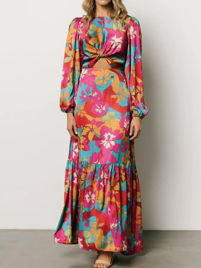 Floral Print Long Sleeve Cut Out Maxi Dress