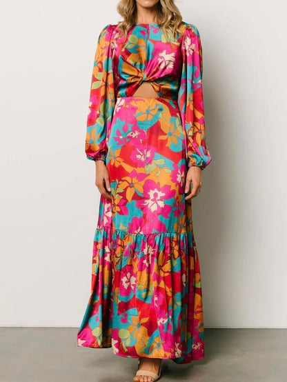 Floral Print Long Sleeve Cut Out Maxi Dress