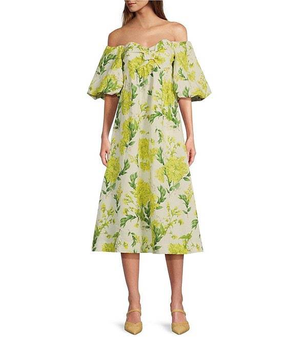 Floral Off-the-Shoulder Puff Sleeve Sweetheart Neck Maxi Dress