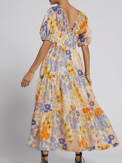 Floral Puff Sleeve V-Neck Maxi Dress