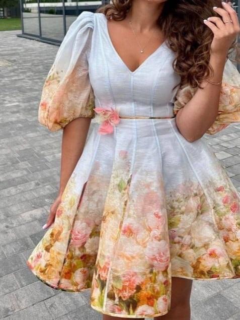 Elegant Floral Puff Sleeve Dress