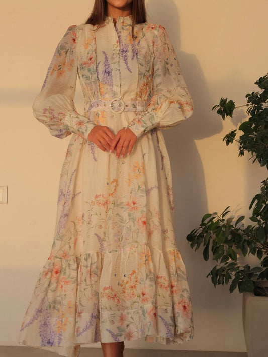 Katie Apricot Floral Long Sleeve Midi Dress