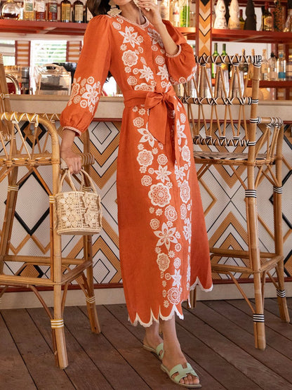 Printed Embroidered Long Sleeve Maxi Dres