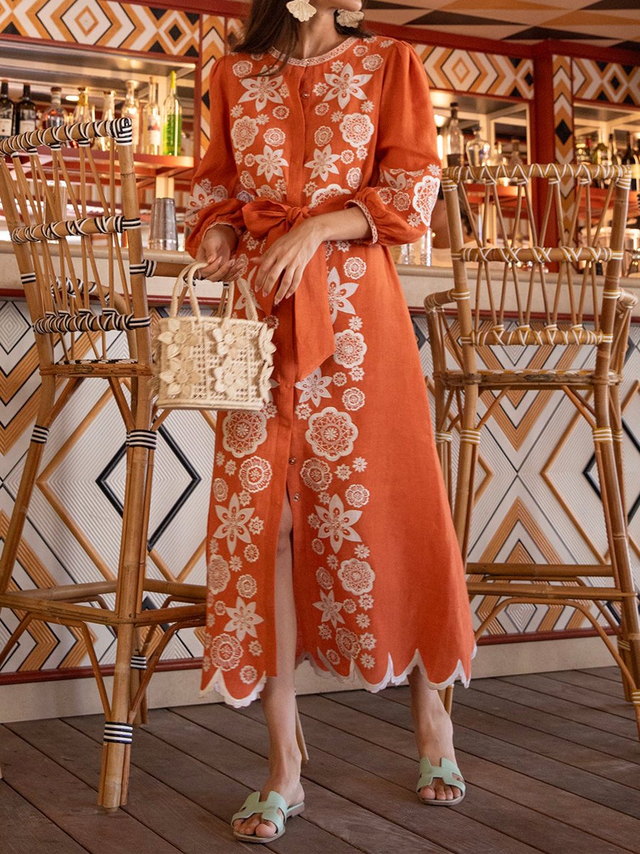 Printed Embroidered Long Sleeve Maxi Dres