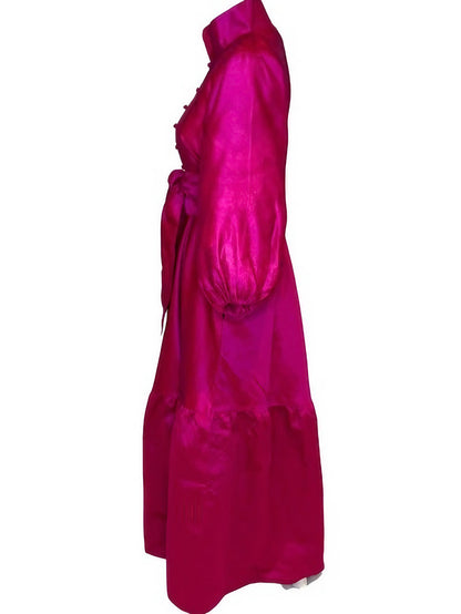 Hot Pink Button Down Satin Maxi Dress