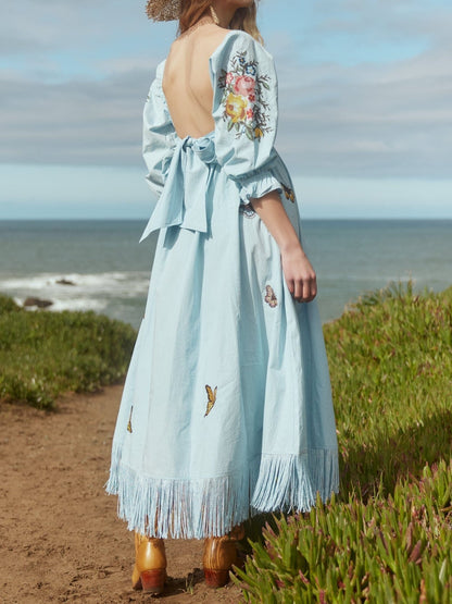 Blue Puff Sleeve Fringe Dress