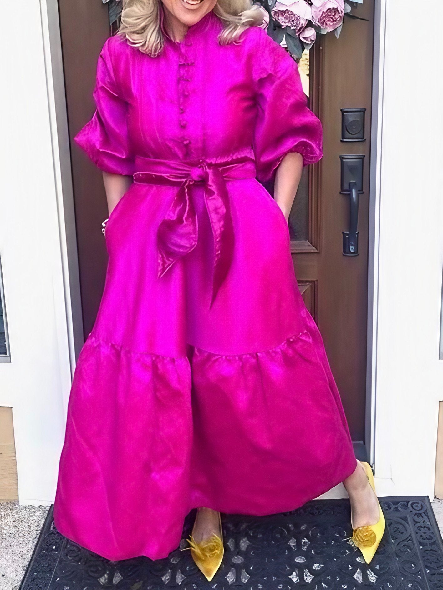 Hot Pink Button Down Satin Maxi Dress