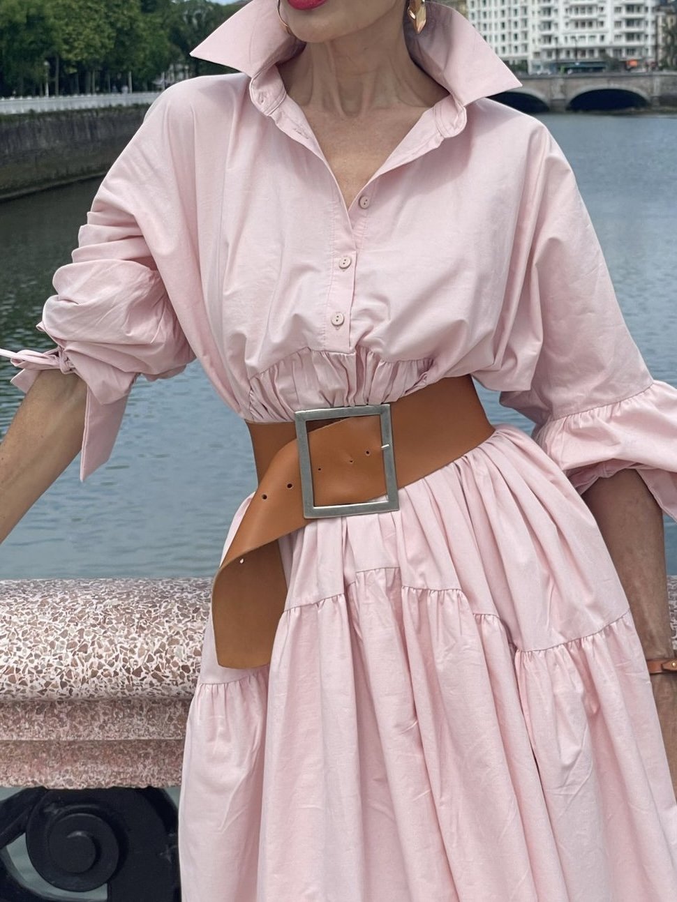 Elegant Pink Belted Shirt Dress