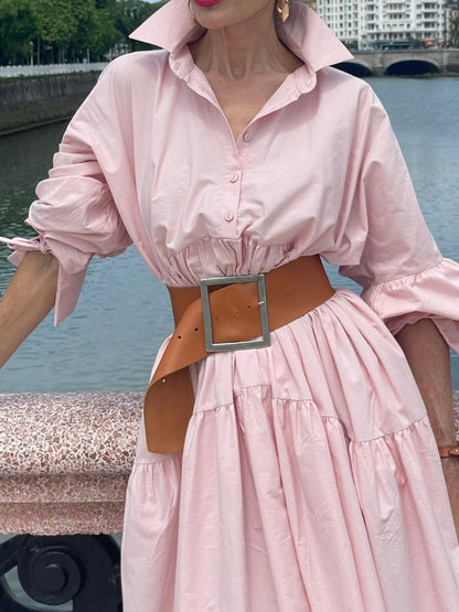 Elegant Pink Belted Shirt Dress