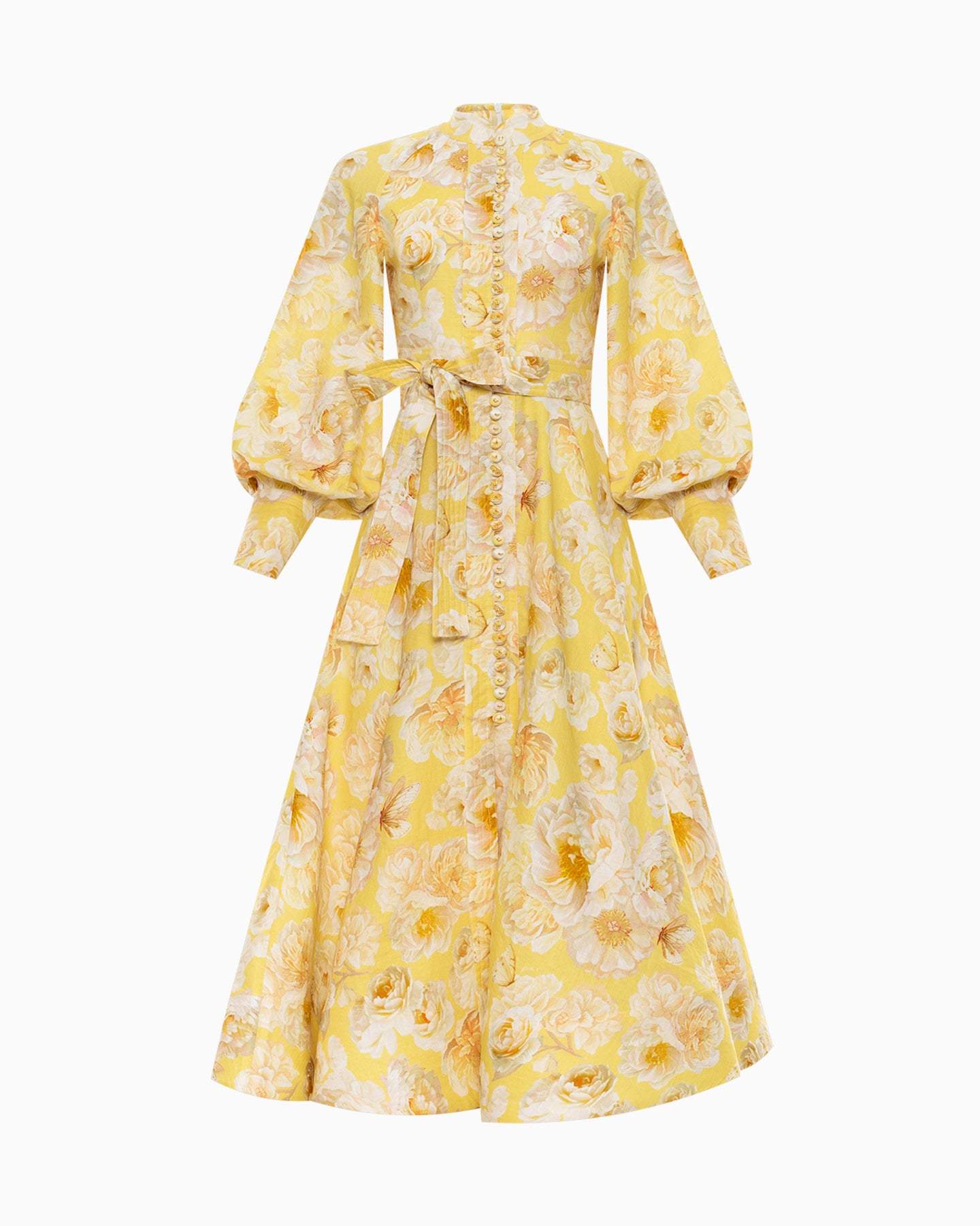 Front Button Down Long Sleeve Yellow Floral Maxi Dress