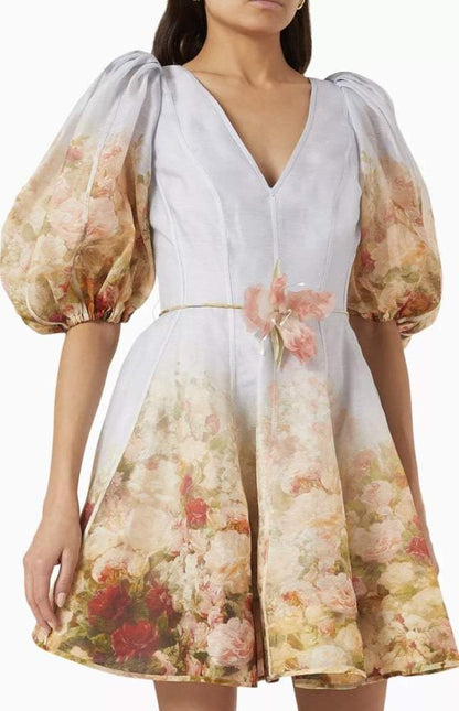 Elegant Floral Puff Sleeve Dress