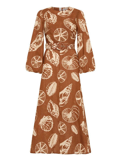 Brown Shells Linen Midi Dress