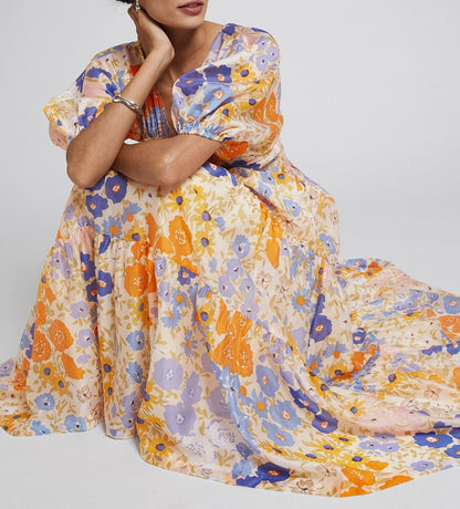 Floral Puff Sleeve V-Neck Maxi Dress