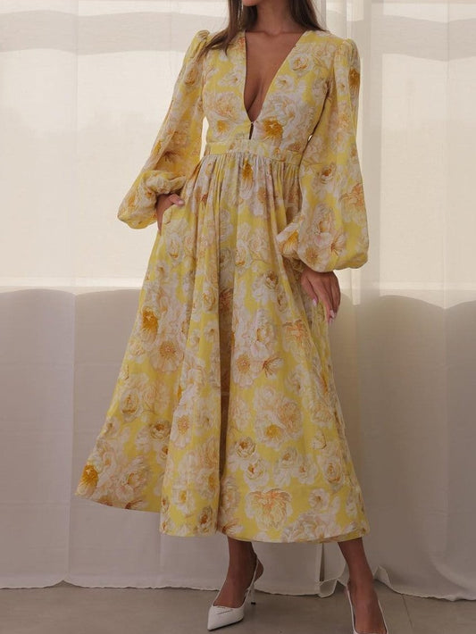 Floral V-Neck Long Sleeve Maxi Dress