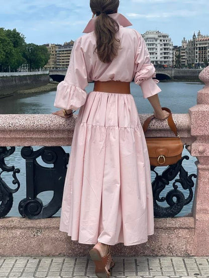 Elegant Pink Belted Shirt Dress