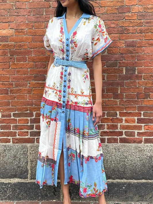 V-neck Smocked Waist Printed Maxi Dress