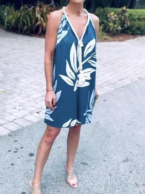 Sleeveless Halter Neck Deep V Dress