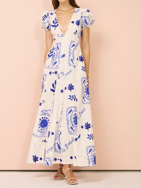 PRINT PUFF SLEEVE POCKETED MAXI DRESS