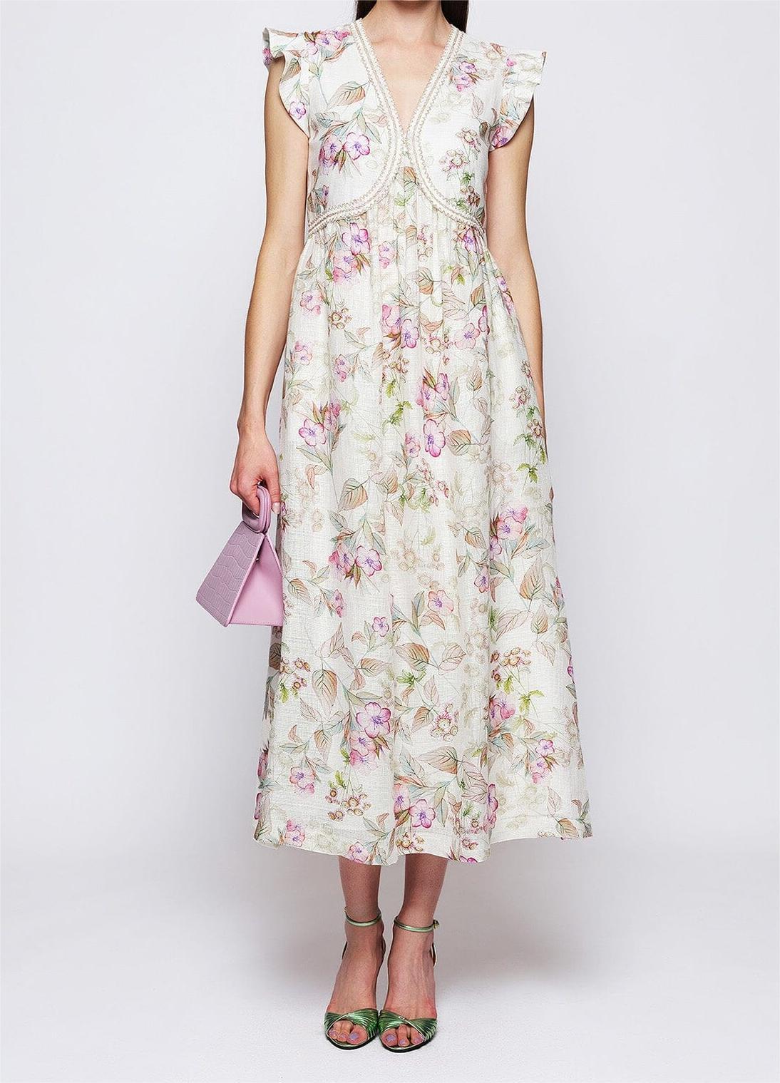 Pink Floral Print Linen Dress