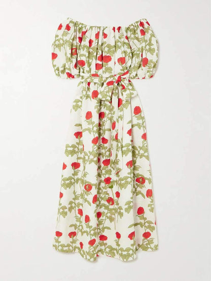 Off The Shoulder Belted Floral-Print L Maxi Dress