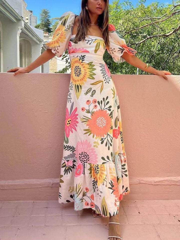 Floral Print Square Neck Bubble Sleeve Maxi Dress