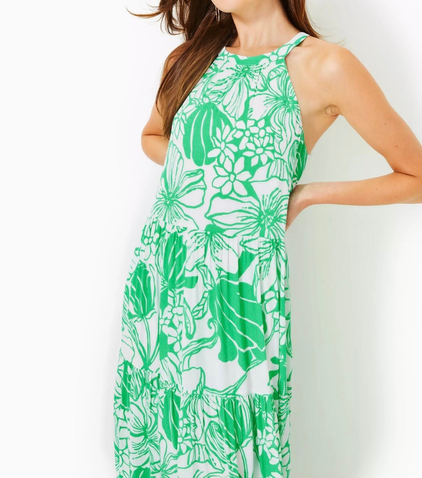 Green Print Sleeveless Sling Long Swing Dress