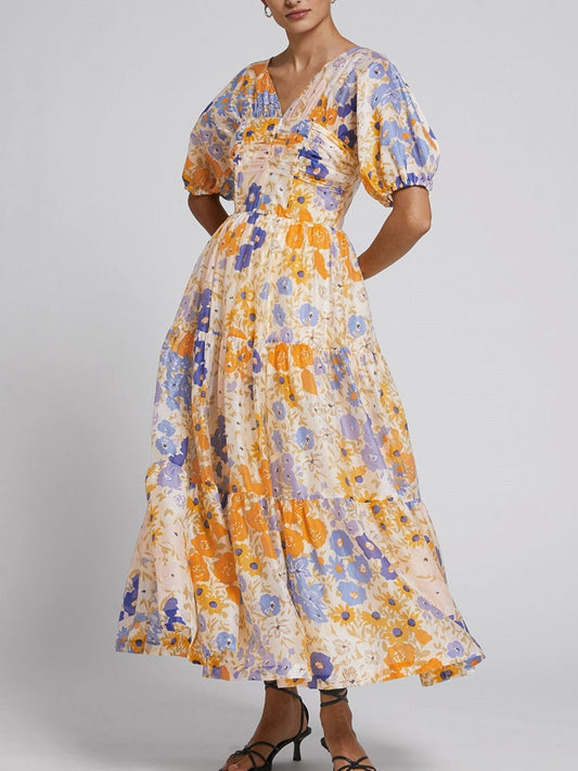 Floral Puff Sleeve V-Neck Maxi Dress