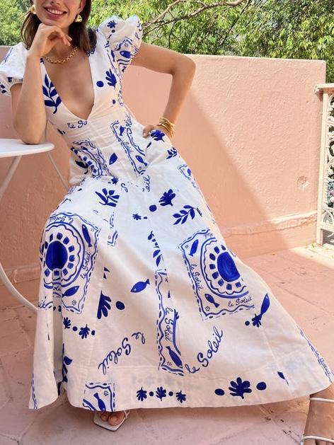 PRINT PUFF SLEEVE POCKETED MAXI DRESS