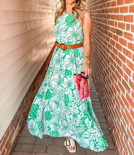 Green Print Sleeveless Sling Long Swing Dress