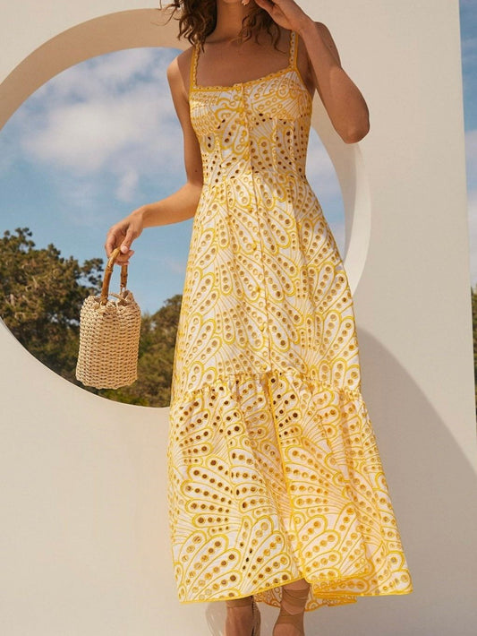 Lace Buttoned Ruffle Midi Dress Yellow