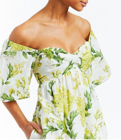 Floral Off-the-Shoulder Puff Sleeve Sweetheart Neck Maxi Dress