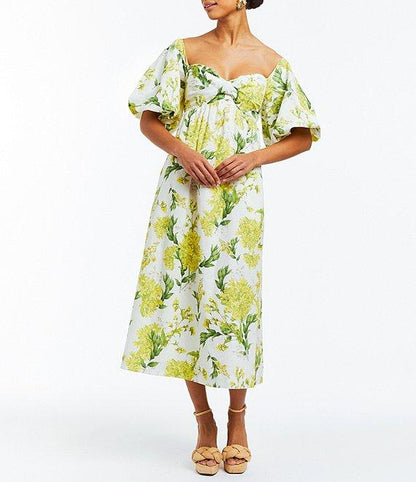 Floral Off-the-Shoulder Puff Sleeve Sweetheart Neck Maxi Dress