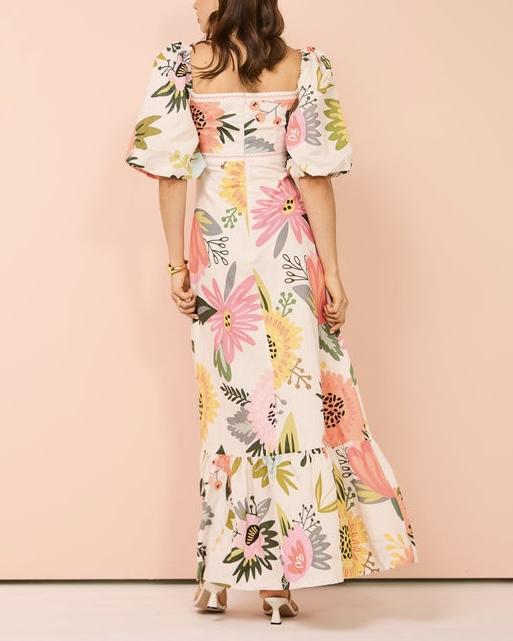 Floral Print Square Neck Bubble Sleeve Maxi Dress