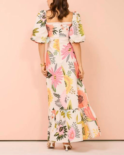 Floral Print Square Neck Bubble Sleeve Maxi Dress