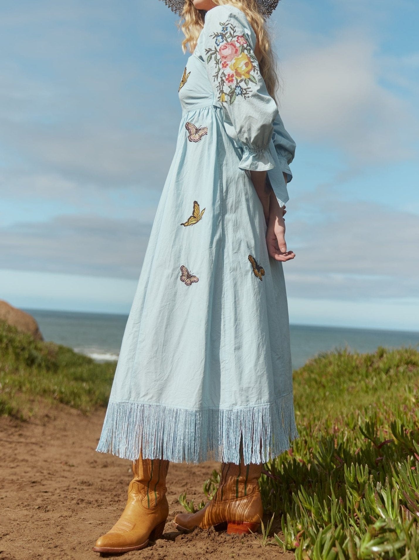 Blue Puff Sleeve Fringe Dress