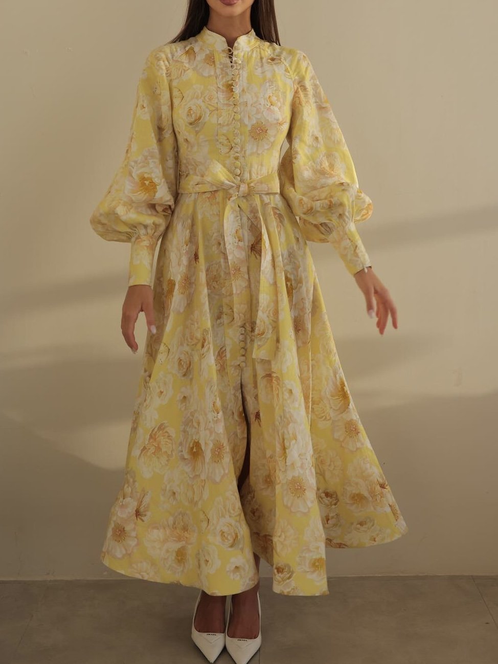 Front Button Down Long Sleeve Yellow Floral Maxi Dress