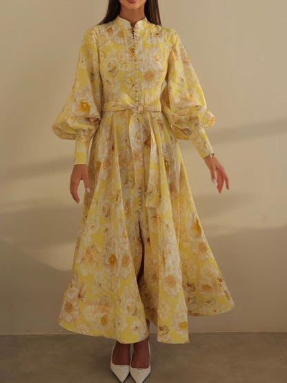 Front Button Down Long Sleeve Yellow Floral Maxi Dress