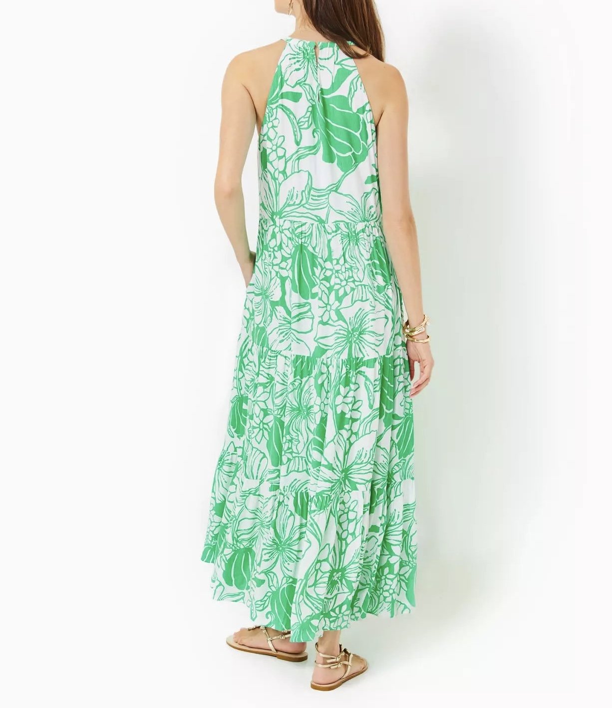 Green Print Sleeveless Sling Long Swing Dress