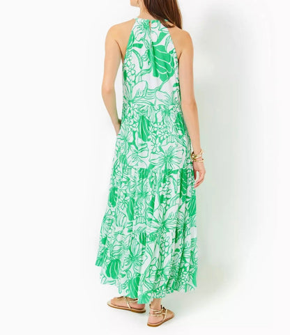 Green Print Sleeveless Sling Long Swing Dress