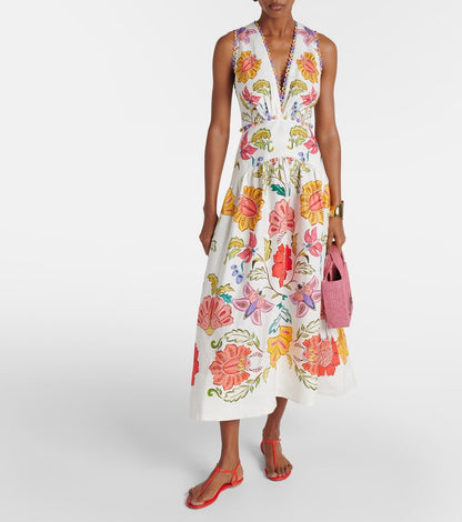 Floral Insects Off White V Neckline Sleeveless Maxi Dress