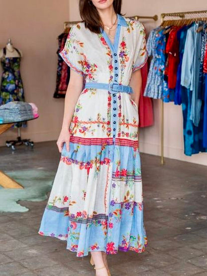 V-neck Smocked Waist Printed Maxi Dress