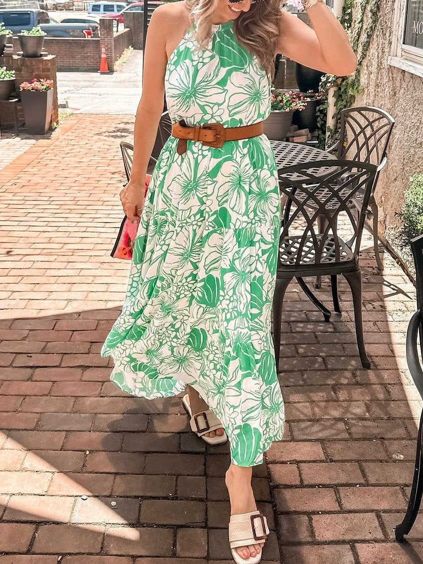 Green Print Sleeveless Sling Long Swing Dress