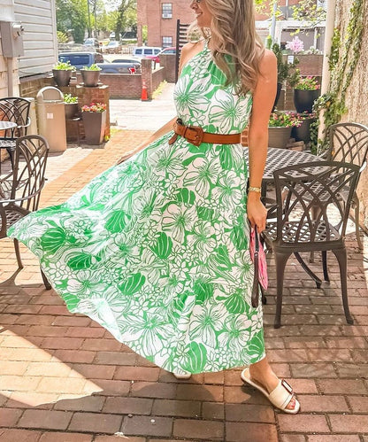 Green Print Sleeveless Sling Long Swing Dress