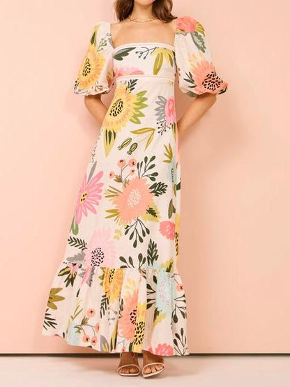 Floral Print Square Neck Bubble Sleeve Maxi Dress