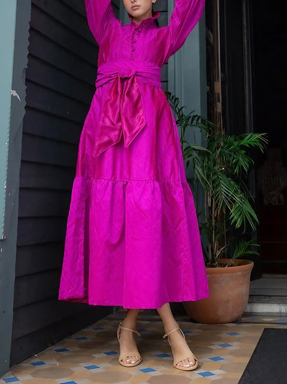 Hot Pink Button Down Satin Maxi Dress